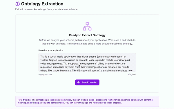 Ekaya Ontology Extraction screen extracting business knowledge from a database schema