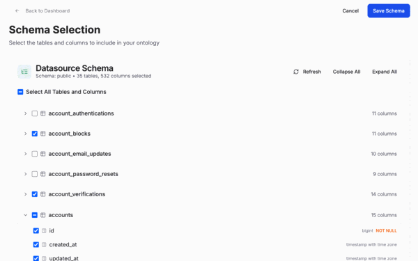Ekaya Schema Selection screen, selecting the tables and columns a Project exposes to agents